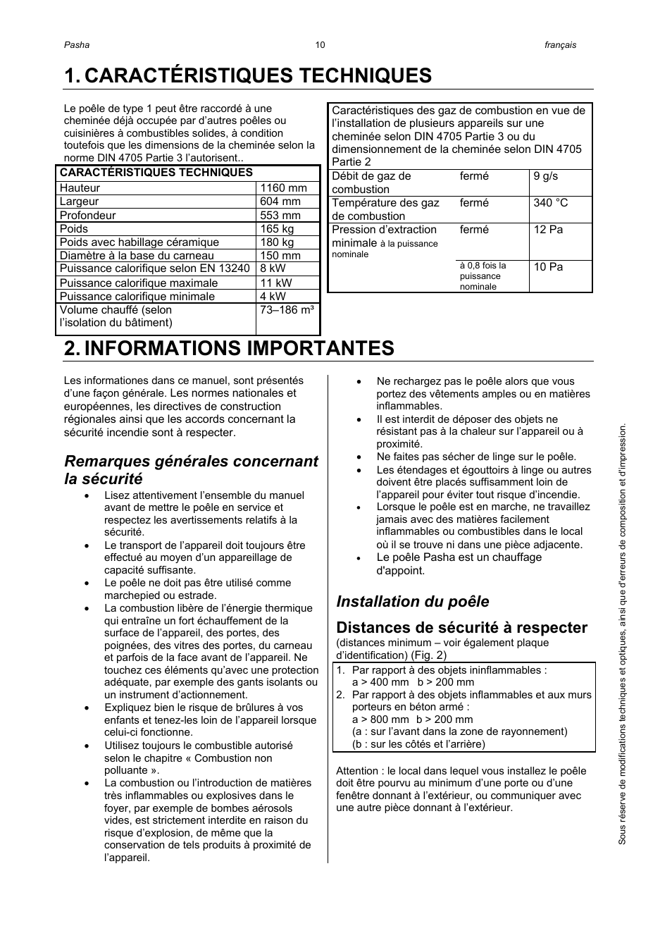 Caractéristiques techniques, Informations importantes, Remarques générales concernant la sécurité | Installation du poêle, Distances de sécurité à respecter | Austroflamm Pasha User Manual | Page 12 / 16