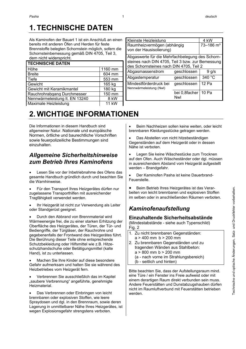 Technische daten, Wichtige informationen, Kaminofenaufstellung | Austroflamm Pasha User Manual | Page 3 / 16