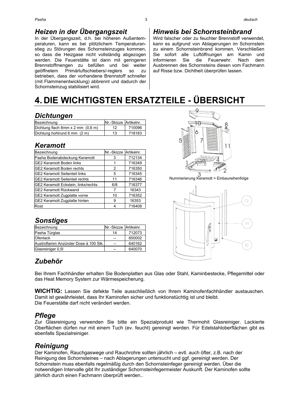 Die wichtigsten ersatzteile - übersicht, Heizen in der übergangszeit, Hinweis bei schornsteinbrand | Dichtungen, Keramott, Sonstiges, Zubehör, Pflege, Reinigung, Wichtig | Austroflamm Pasha User Manual | Page 5 / 16