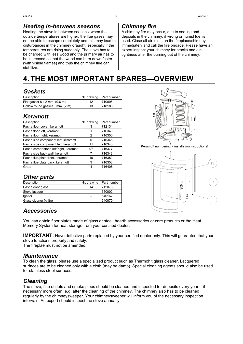 The most important spares—overview, Heating in-between seasons, Chimney fire | Gaskets, Keramott, Other parts, Accessories, Maintenance, Cleaning, Important | Austroflamm Pasha User Manual | Page 8 / 16