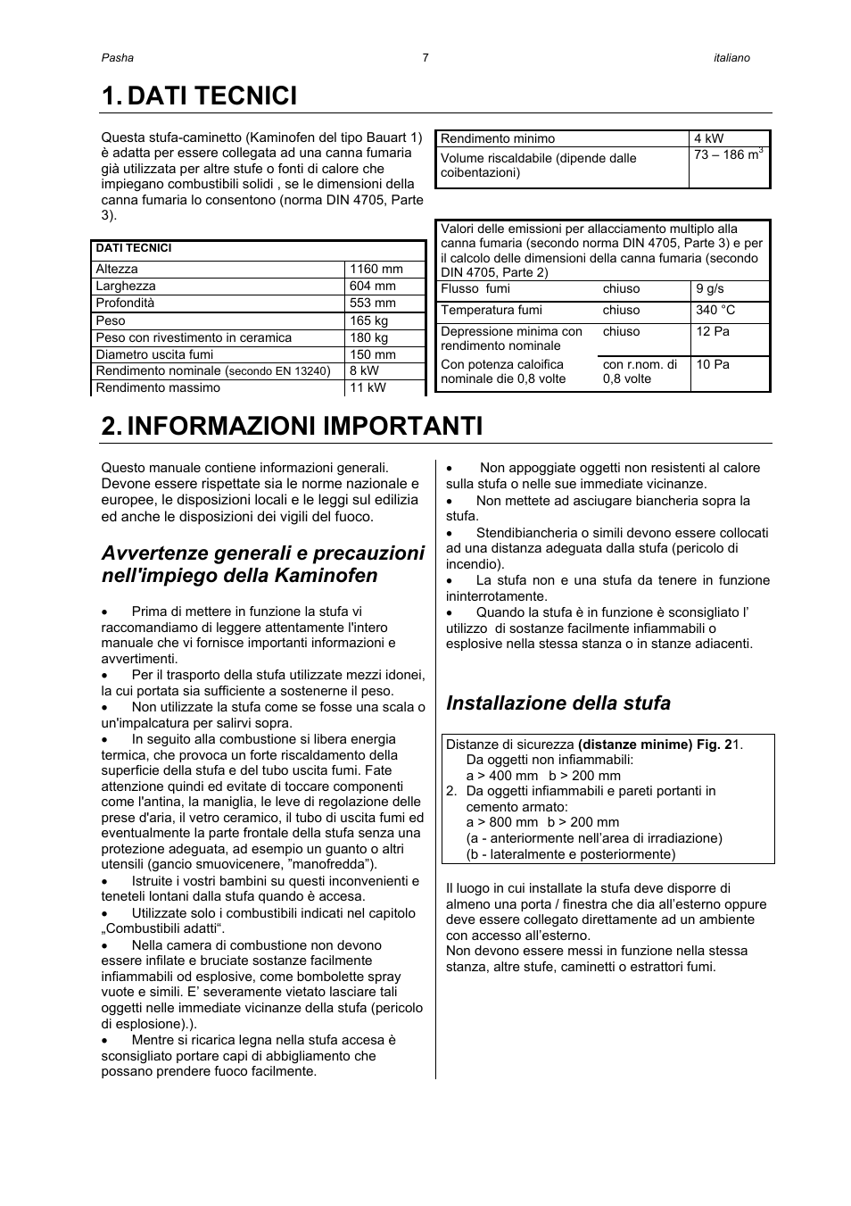 Dati tecnici, Informazioni importanti, Installazione della stufa | Austroflamm Pasha User Manual | Page 9 / 16
