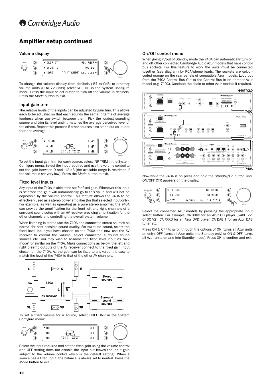 Amplifier setup continued, Volume display, Input gain trim | Fixed level inputs, On/off control menu, Incorporating q5™ from | Cambridge Audio Azur 740A User Manual | Page 10 / 14