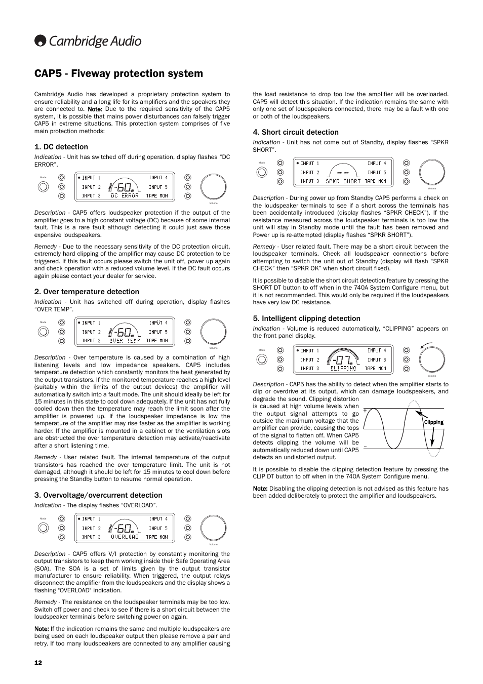 Cap5 - fiveway protection system, Dc detection, Over temperature detection | Overvoltage/overcurrent detection, Short circuit detection, Intelligent clipping detection | Cambridge Audio Azur 740A User Manual | Page 12 / 14