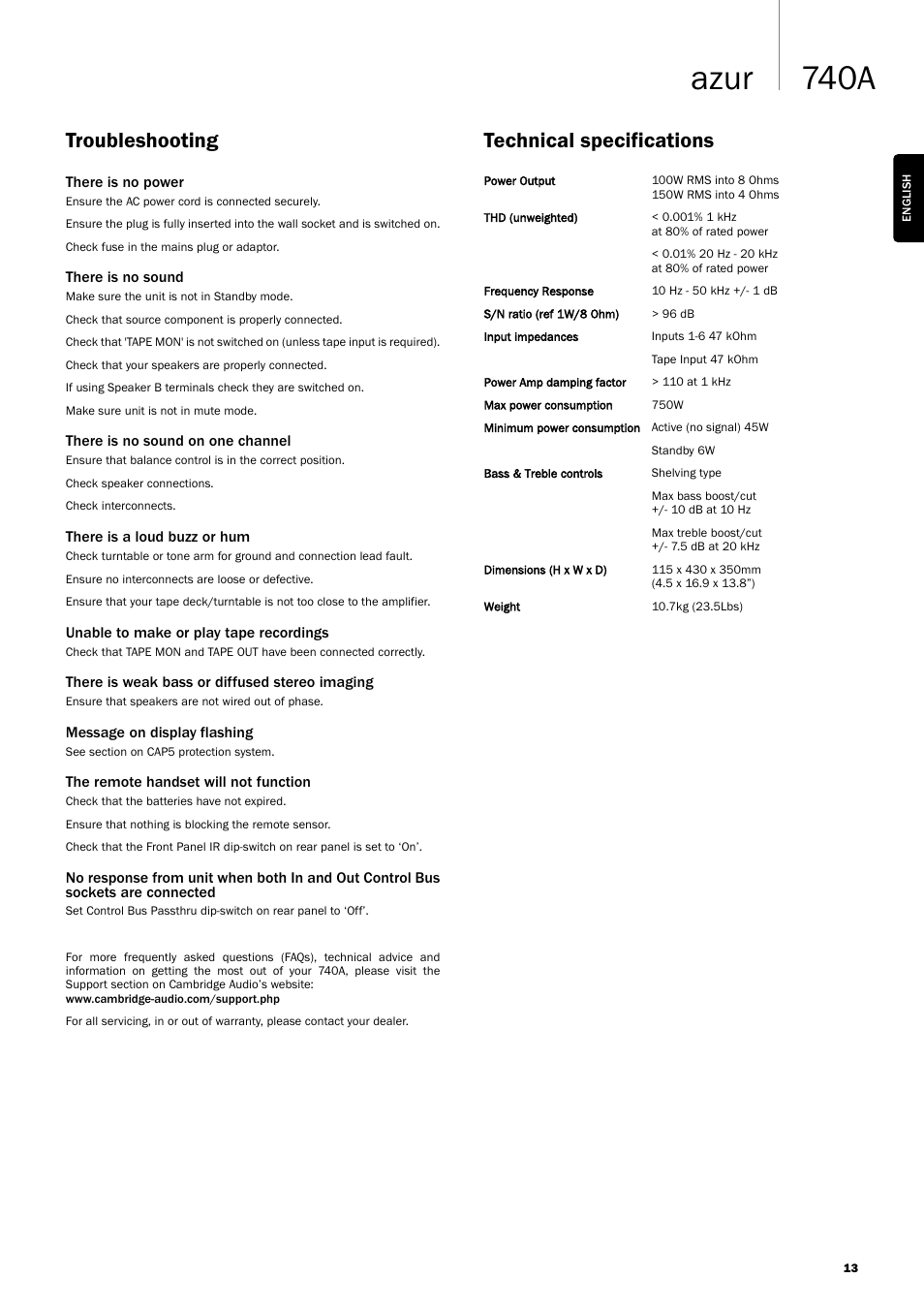 740a azur, Technical specifications, Troubleshooting | Cambridge Audio Azur 740A User Manual | Page 13 / 14