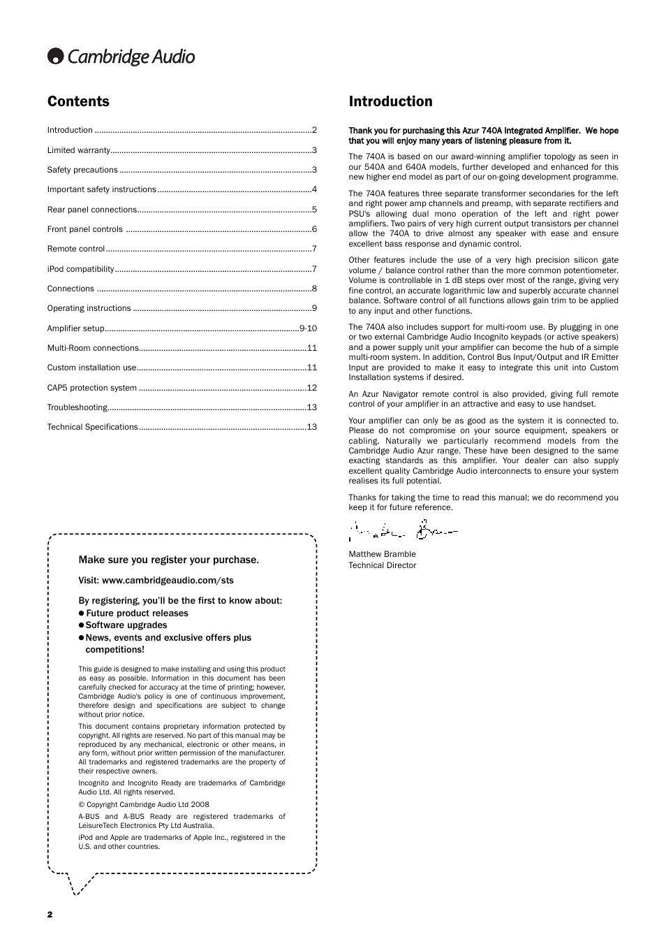 Contents introduction, Make sure you register your purchase | Cambridge Audio Azur 740A User Manual | Page 2 / 14
