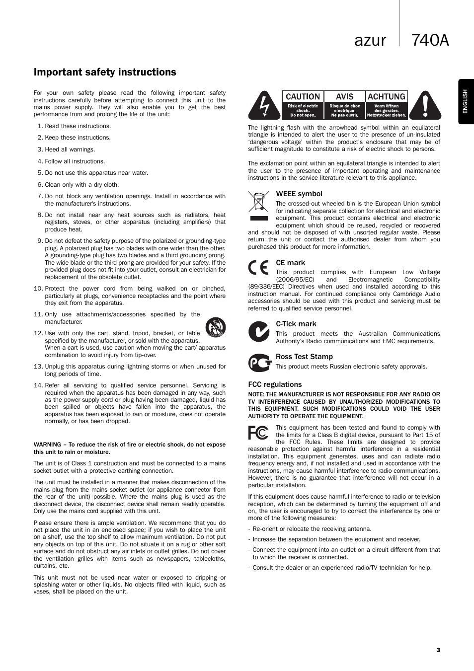 740a azur, Important safety instructions | Cambridge Audio Azur 740A User Manual | Page 3 / 14