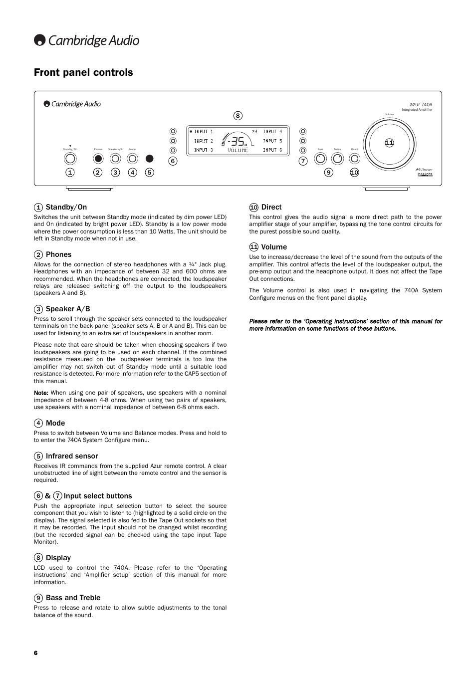 Front panel controls, Standby/on, Phones | Speaker a/b, Mode, Infrared sensor, Input select buttons, Display, Bass and treble, Direct | Cambridge Audio Azur 740A User Manual | Page 6 / 14