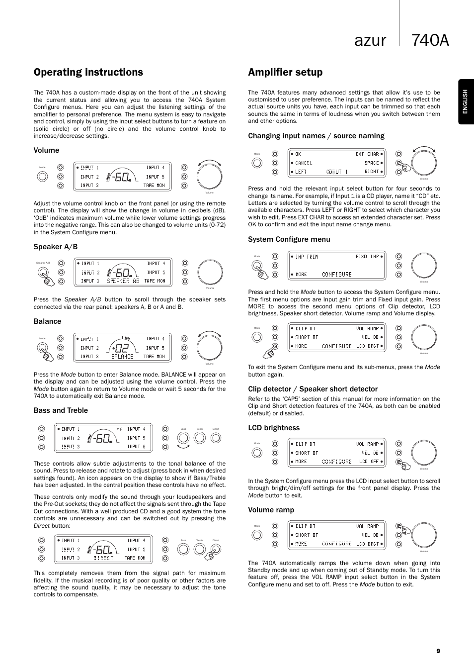 740a azur, Operating instructions, Amplifier setup | Volume, Speaker a/b, Balance, Bass and treble, Changing input names / source naming, System configure menu, Clip detector / speaker short detector | Cambridge Audio Azur 740A User Manual | Page 9 / 14