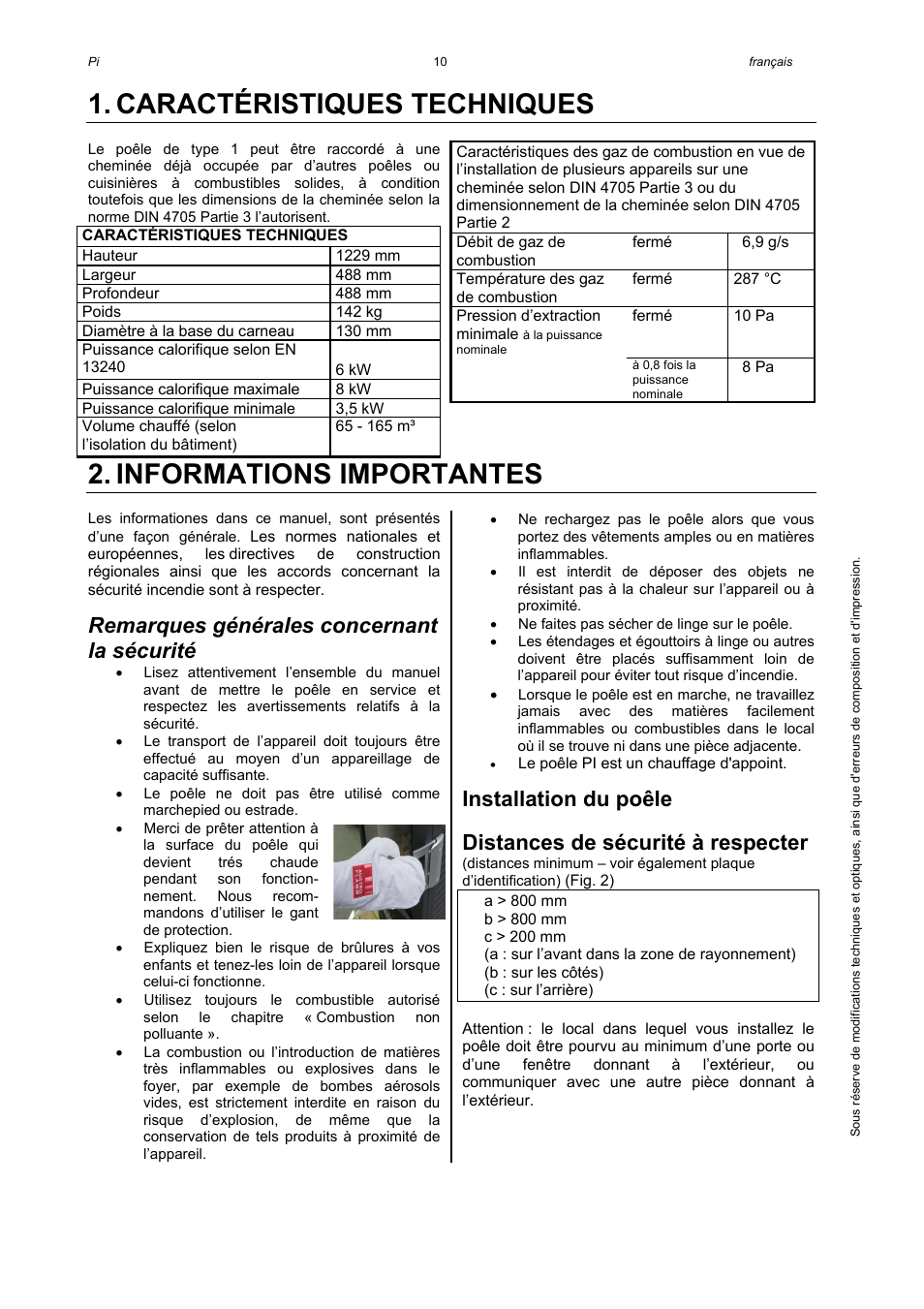 Caractéristiques techniques, Informations importantes, Remarques générales concernant la sécurité | Installation du poêle, Distances de sécurité à respecter | Austroflamm Pi User Manual | Page 12 / 16