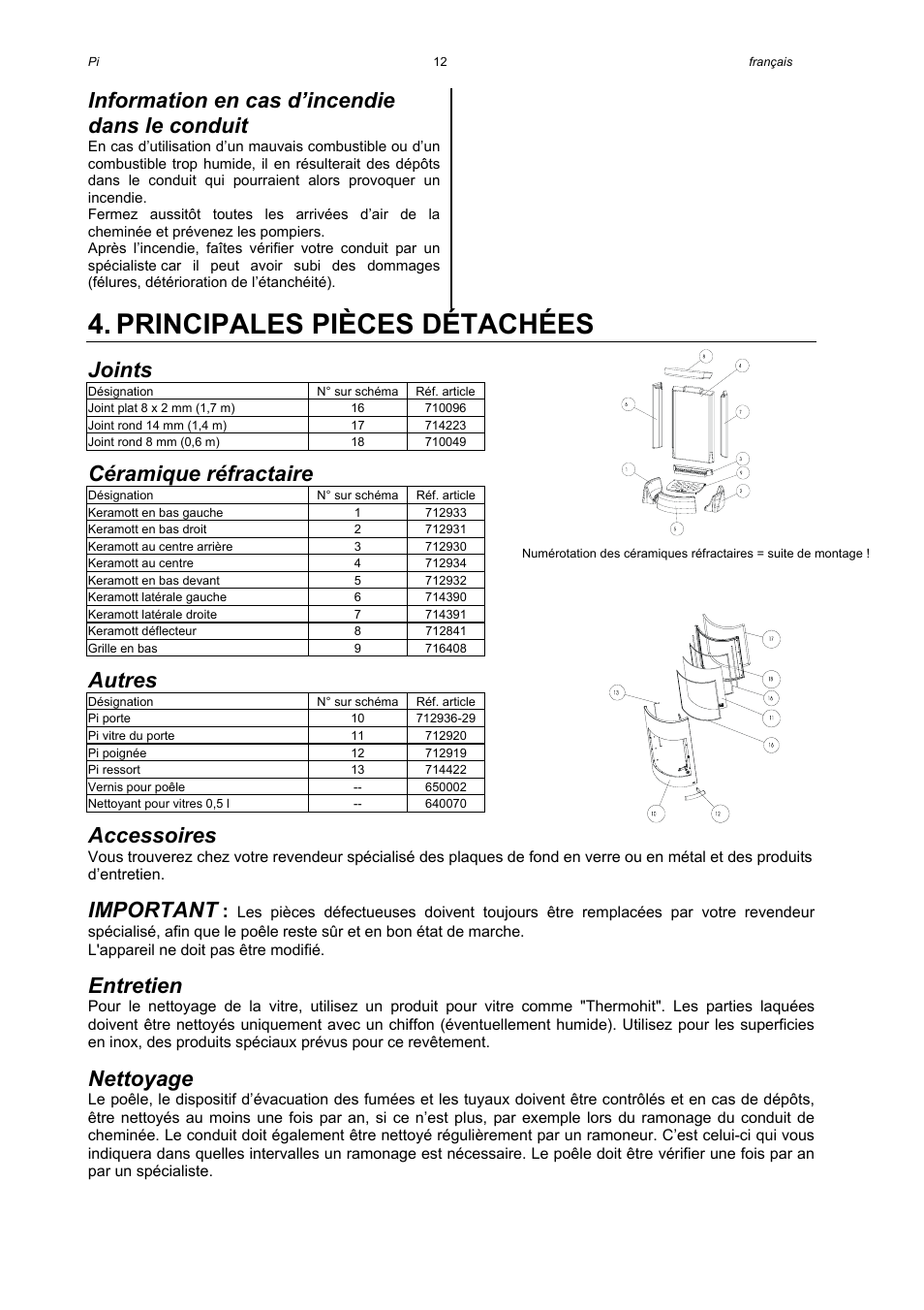Principales pièces détachées, Information en cas d’incendie dans le conduit, Joints | Céramique réfractaire, Autres, Accessoires, Important, Entretien, Nettoyage | Austroflamm Pi User Manual | Page 14 / 16