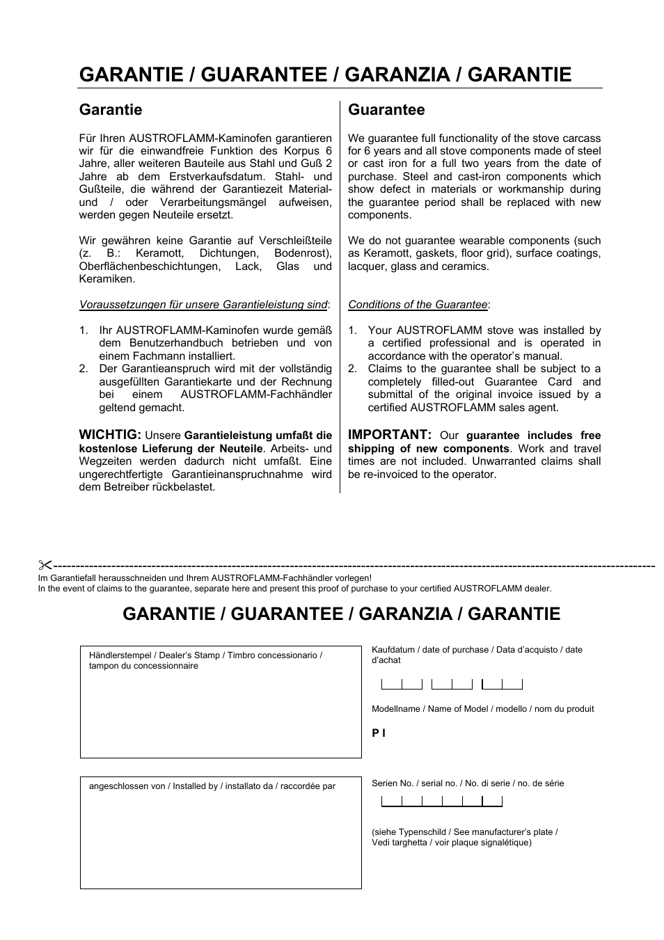 Garantie / guarantee / garanzia / garantie, Garantie, Guarantee | Austroflamm Pi User Manual | Page 15 / 16