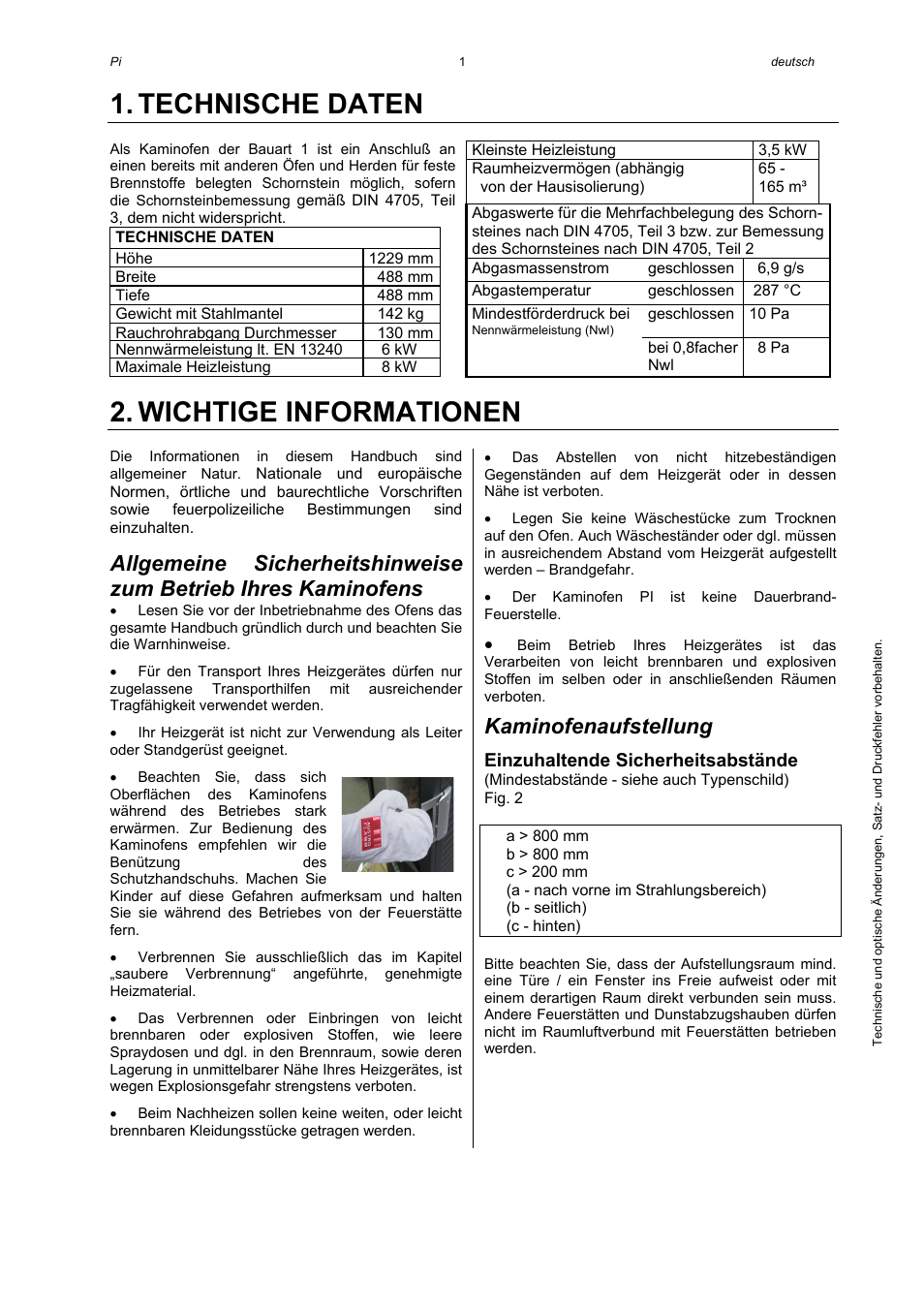 Technische daten, Wichtige informationen, Kaminofenaufstellung | Austroflamm Pi User Manual | Page 3 / 16
