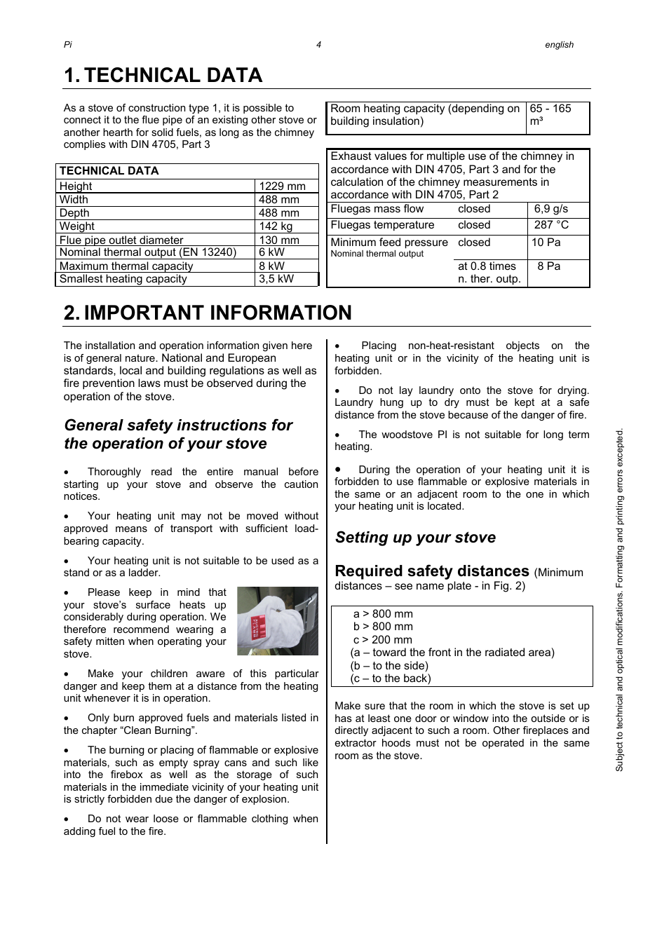 Technical data, Important information, Setting up your stove | Required safety distances | Austroflamm Pi User Manual | Page 6 / 16