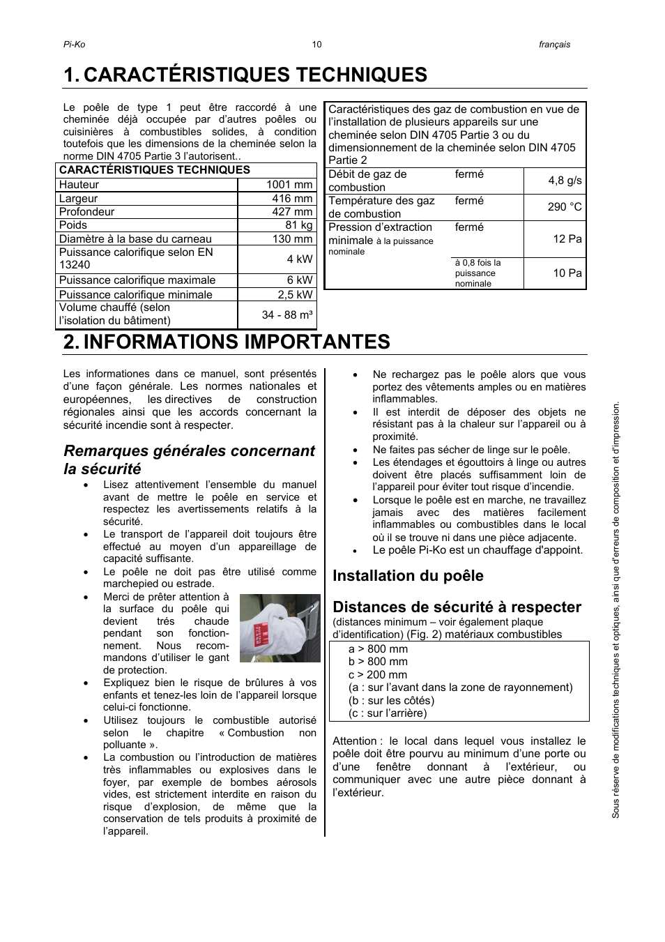 Caractéristiques techniques, Informations importantes, Remarques générales concernant la sécurité | Installation du poêle, Distances de sécurité à respecter | Austroflamm Pi-Ko User Manual | Page 12 / 16