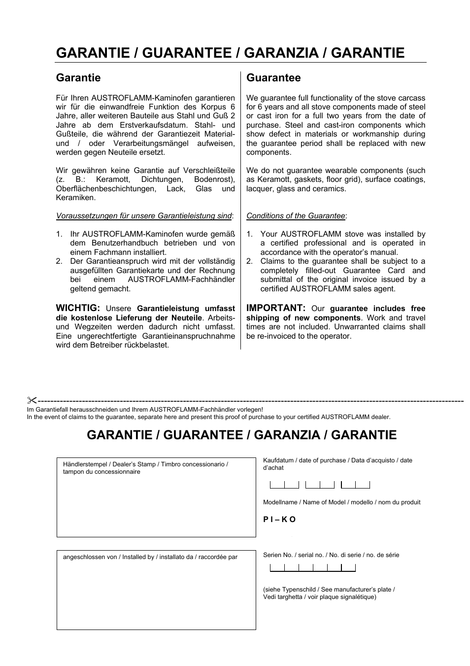 Garantie / guarantee / garanzia / garantie, Garantie, Guarantee | Austroflamm Pi-Ko User Manual | Page 15 / 16