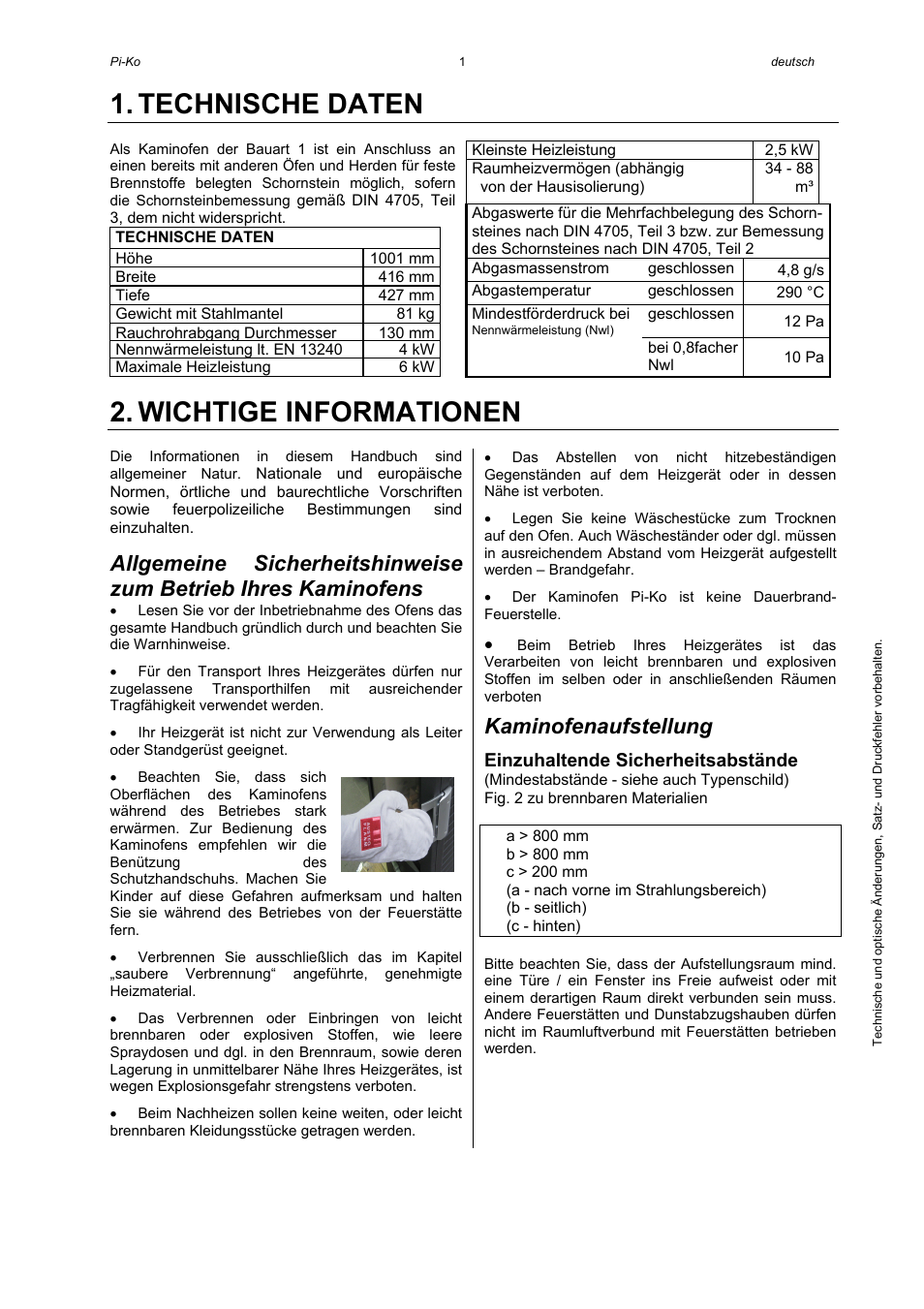 Technische daten, Wichtige informationen, Kaminofenaufstellung | Austroflamm Pi-Ko User Manual | Page 3 / 16