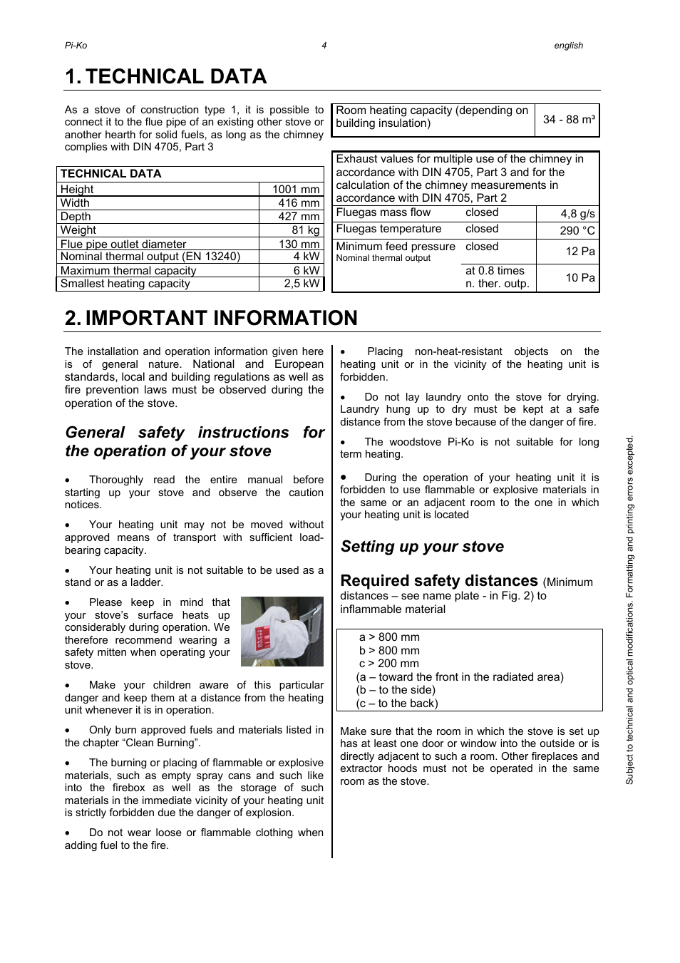 Technical data, Important information, Setting up your stove | Required safety distances | Austroflamm Pi-Ko User Manual | Page 6 / 16
