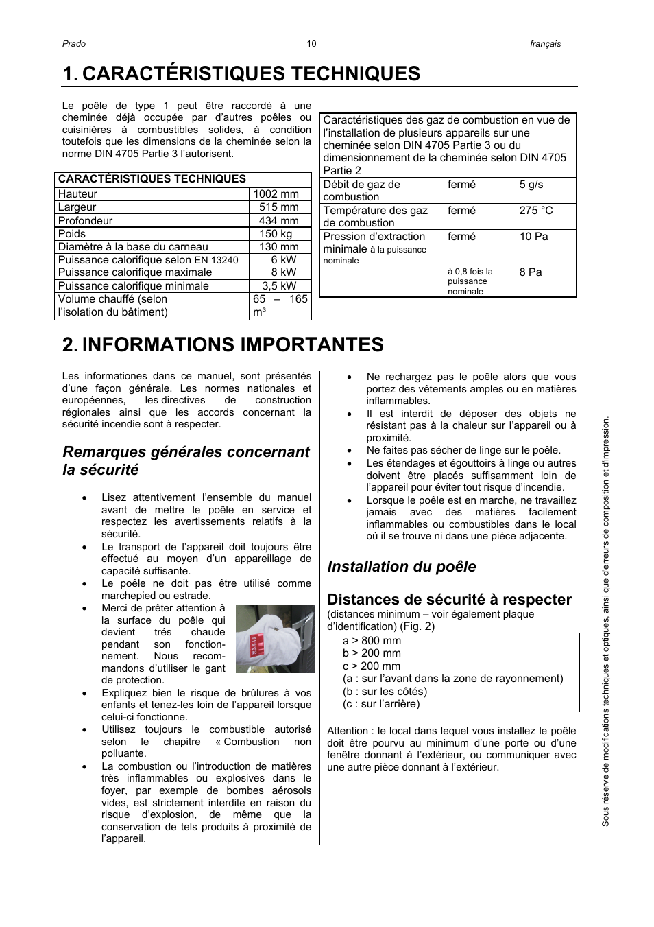 Caractéristiques techniques, Informations importantes, Remarques générales concernant la sécurité | Installation du poêle, Distances de sécurité à respecter | Austroflamm Prado User Manual | Page 12 / 16