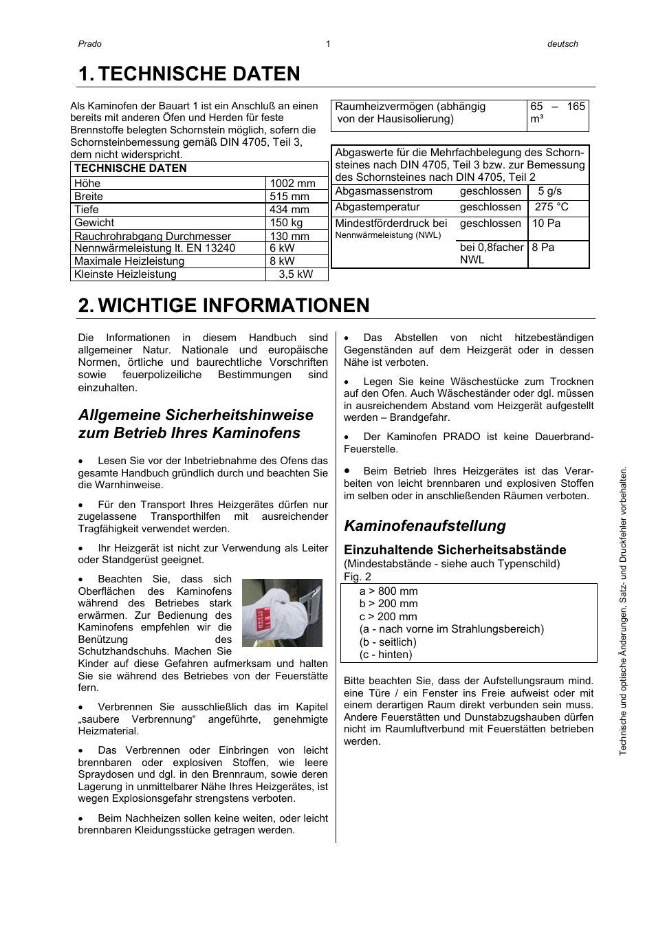 Technische daten, Wichtige informationen, Kaminofenaufstellung | Austroflamm Prado User Manual | Page 3 / 16