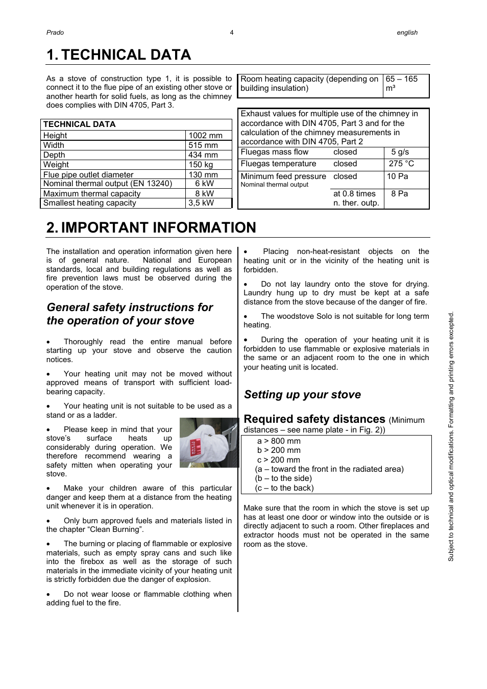 Technical data, Important information, Setting up your stove | Required safety distances | Austroflamm Prado User Manual | Page 6 / 16