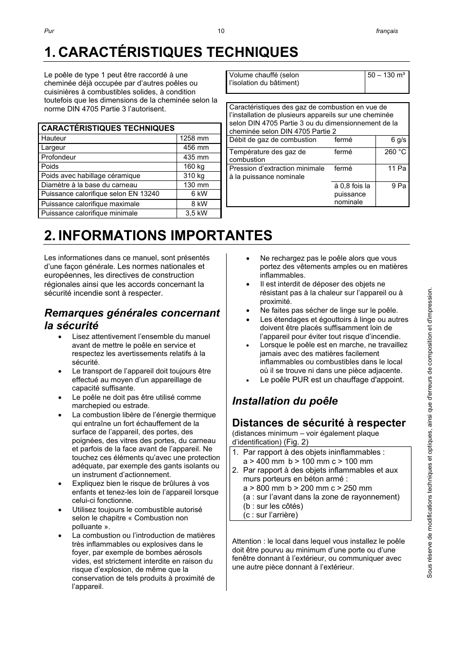 Caractéristiques techniques, Informations importantes, Remarques générales concernant la sécurité | Installation du poêle, Distances de sécurité à respecter | Austroflamm Pur User Manual | Page 12 / 16