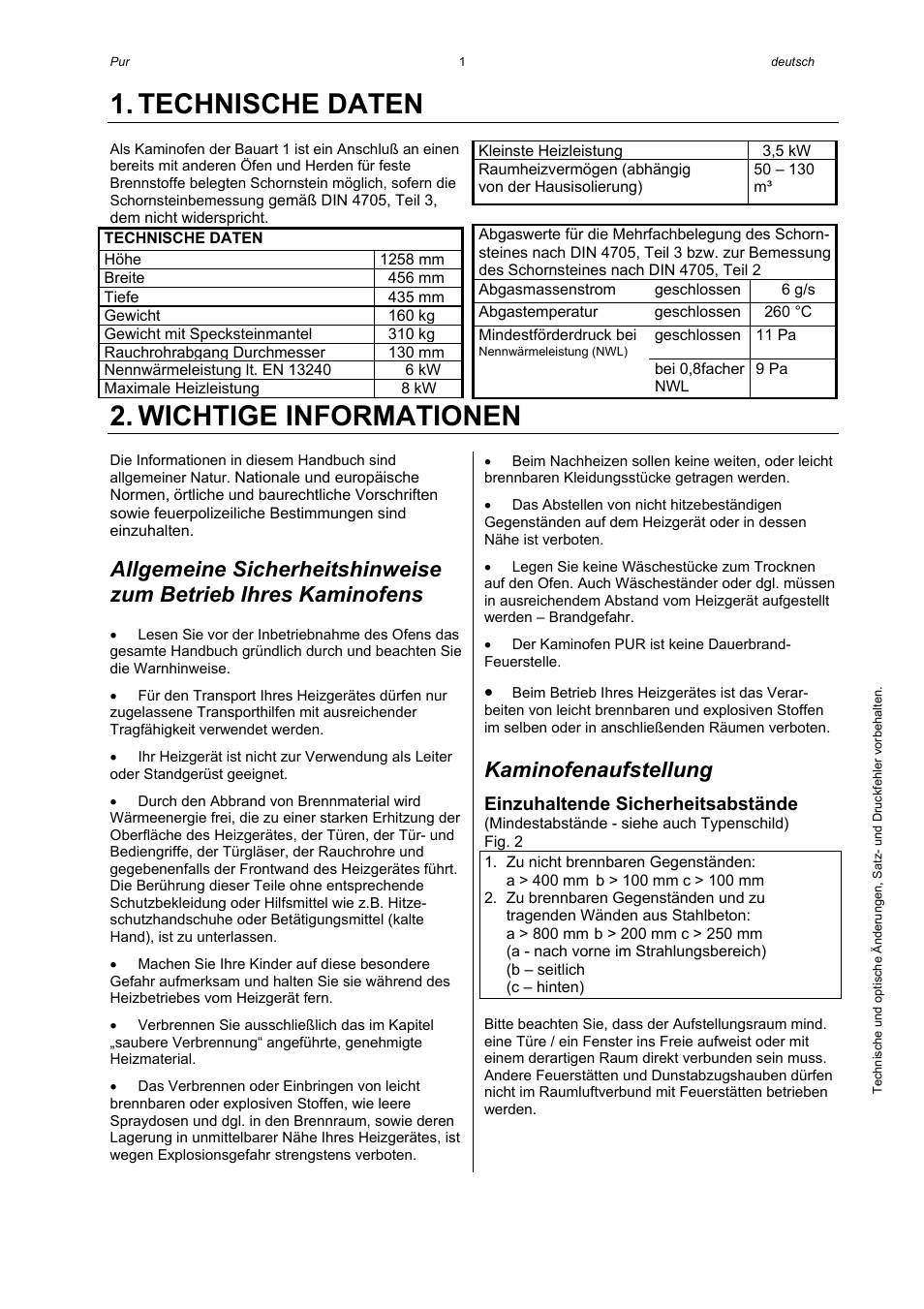 Technische daten, Wichtige informationen, Kaminofenaufstellung | Austroflamm Pur User Manual | Page 3 / 16