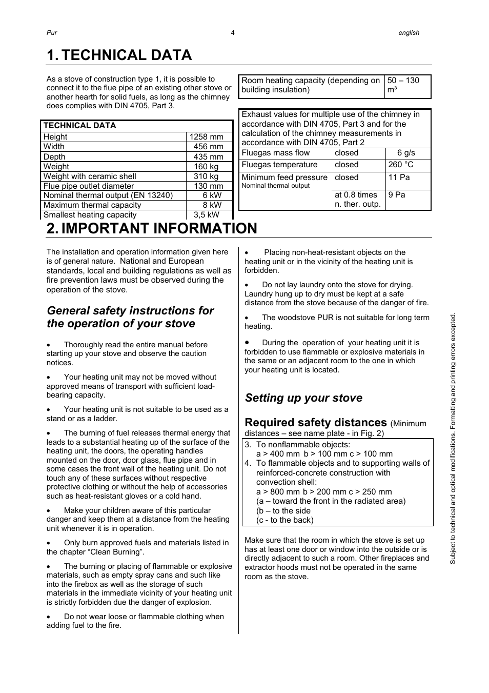 Technical data, Important information, Setting up your stove | Required safety distances | Austroflamm Pur User Manual | Page 6 / 16