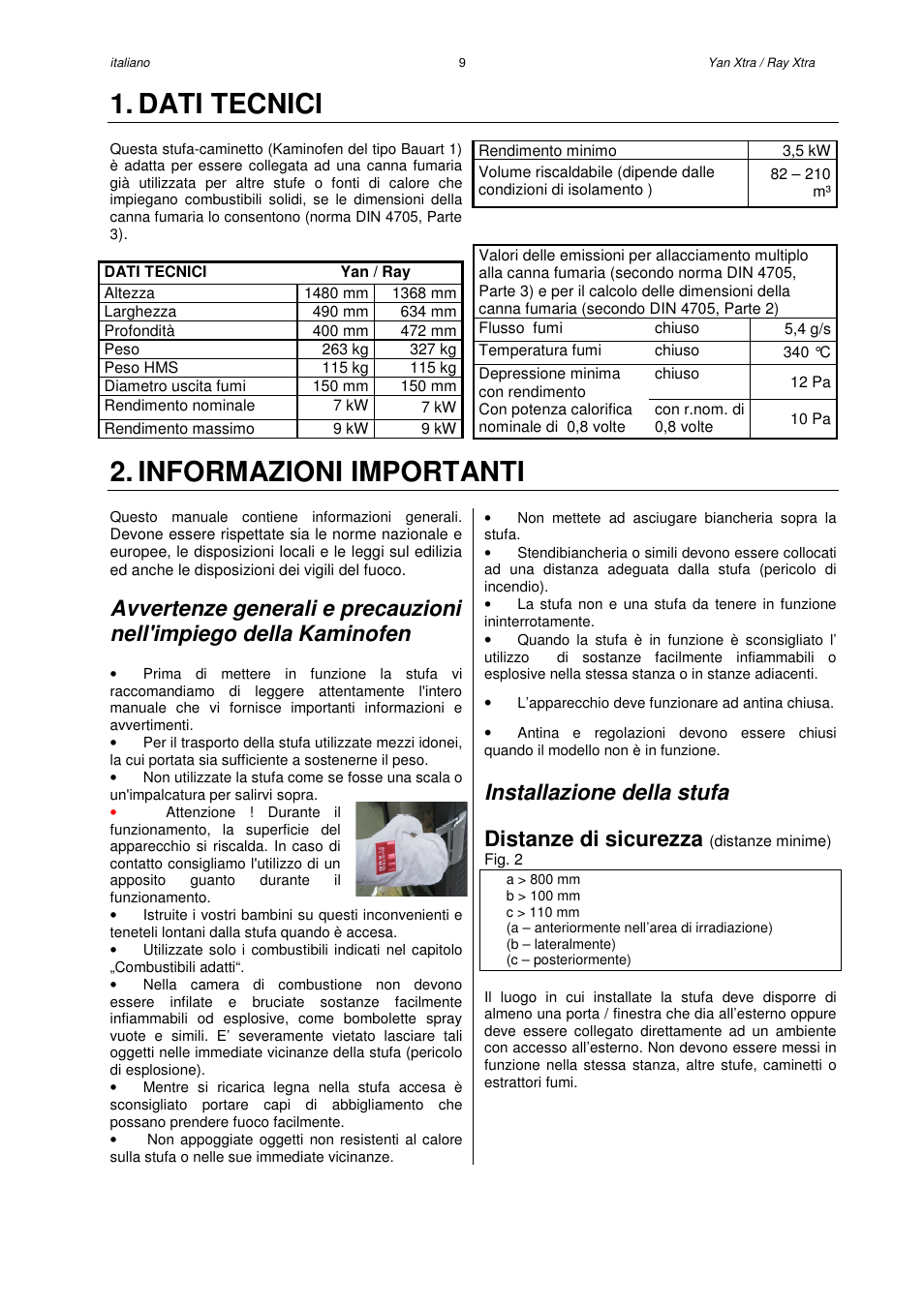 Dati tecnici, Informazioni importanti, Installazione della stufa | Distanze di sicurezza | Austroflamm Yan Xtra User Manual | Page 11 / 20
