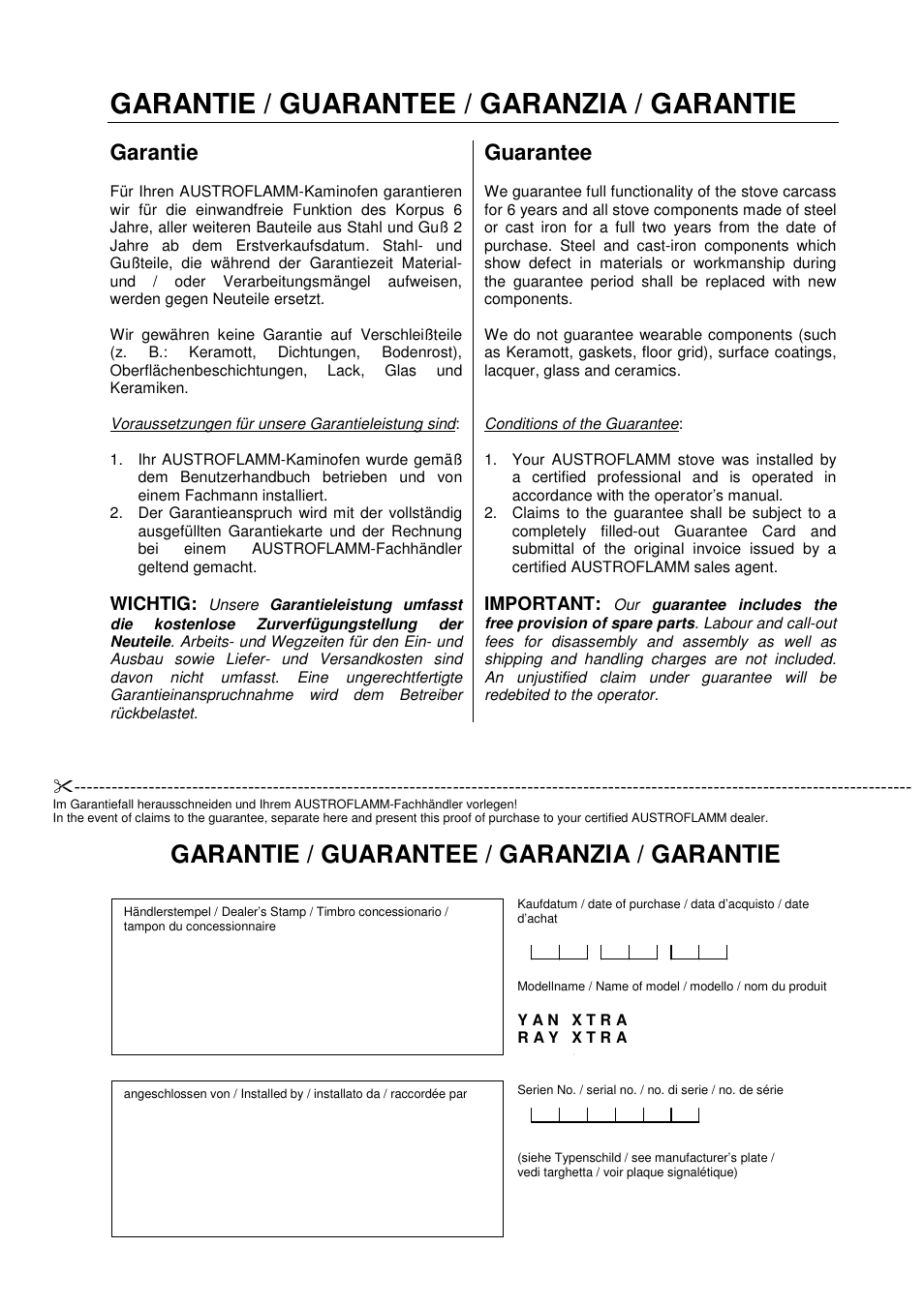 Garantie / guarantee / garanzia / garantie, Garantie, Guarantee | Wichtig, Important | Austroflamm Yan Xtra User Manual | Page 19 / 20