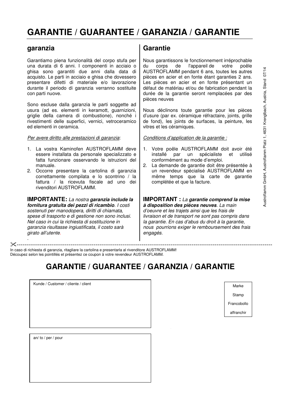 Garantie / guarantee / garanzia / garantie, Garanzia, Garantie | Importante, Important | Austroflamm Yan Xtra User Manual | Page 20 / 20