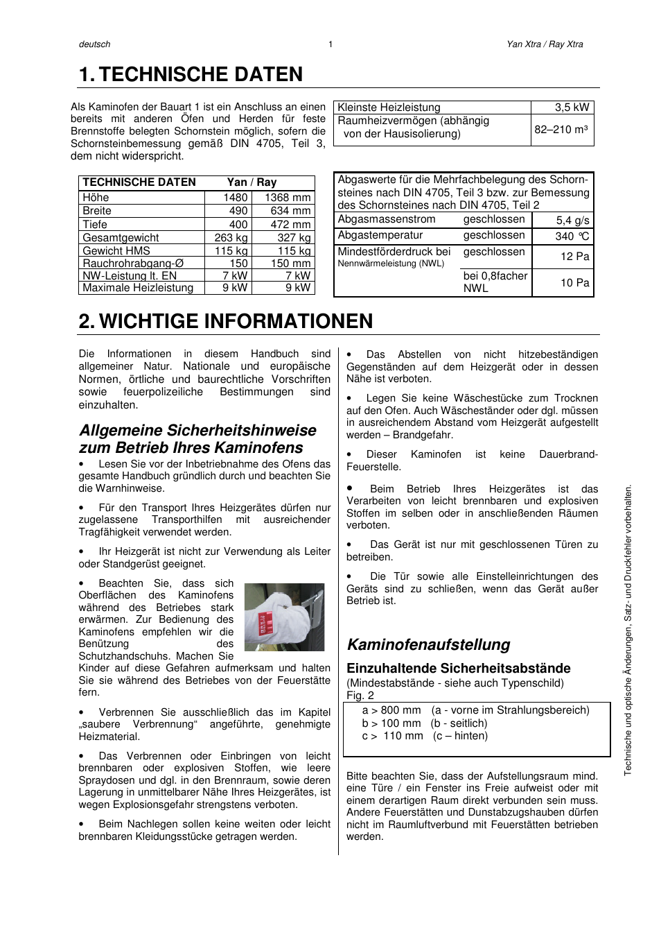 Technische daten, Wichtige informationen, Kaminofenaufstellung | Einzuhaltende sicherheitsabstände | Austroflamm Yan Xtra User Manual | Page 3 / 20