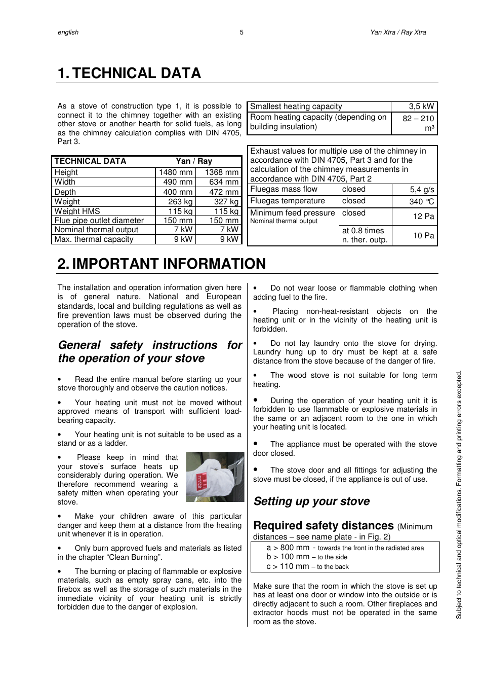 Technical data, Important information, Setting up your stove | Required safety distances | Austroflamm Yan Xtra User Manual | Page 7 / 20