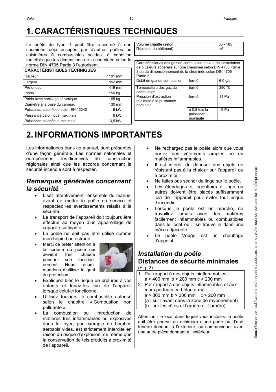 Caractéristiques techniques, Informations importantes, Remarques générales concernant la sécurité | Installation du poêle, Distances de sécurité minimales | Austroflamm Solo User Manual | Page 12 / 16