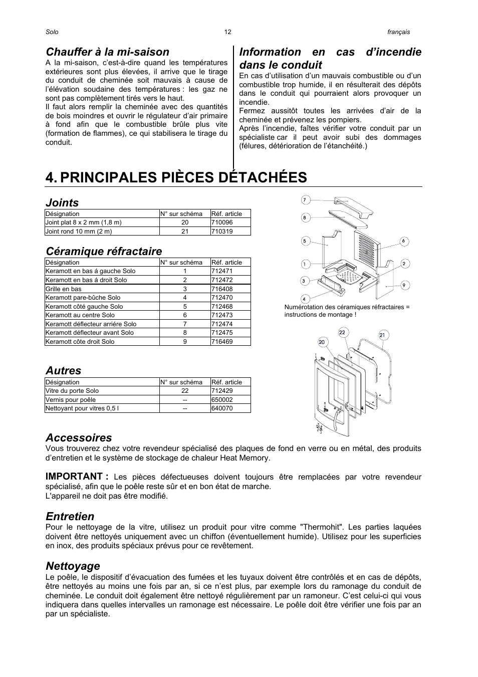 Principales pièces détachées, Chauffer à la mi-saison, Information en cas d’incendie dans le conduit | Joints, Céramique réfractaire, Autres, Accessoires, Entretien, Nettoyage, Important | Austroflamm Solo User Manual | Page 14 / 16