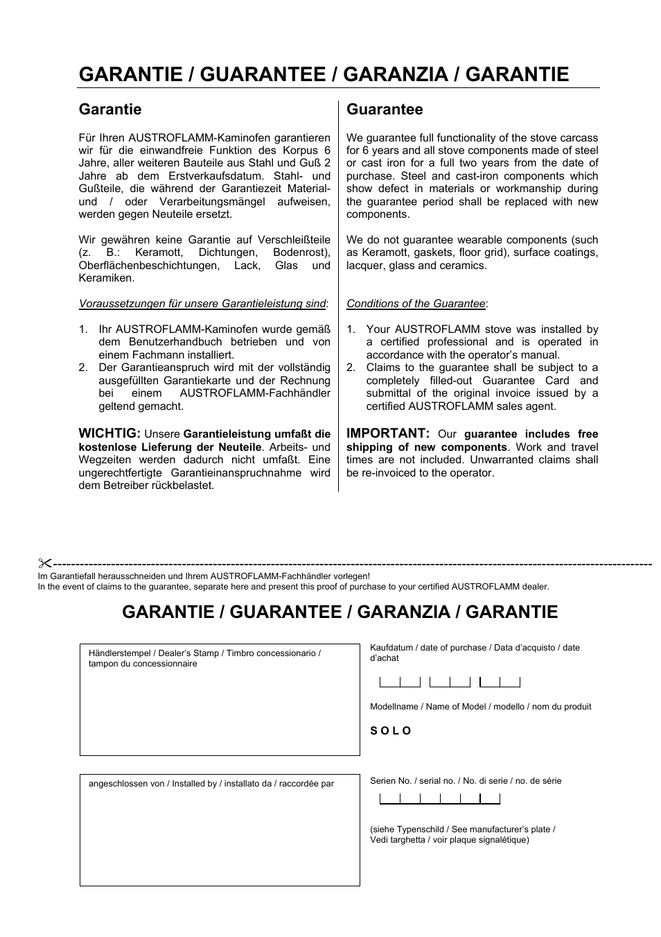 Garantie / guarantee / garanzia / garantie, Garantie, Guarantee | Austroflamm Solo User Manual | Page 15 / 16