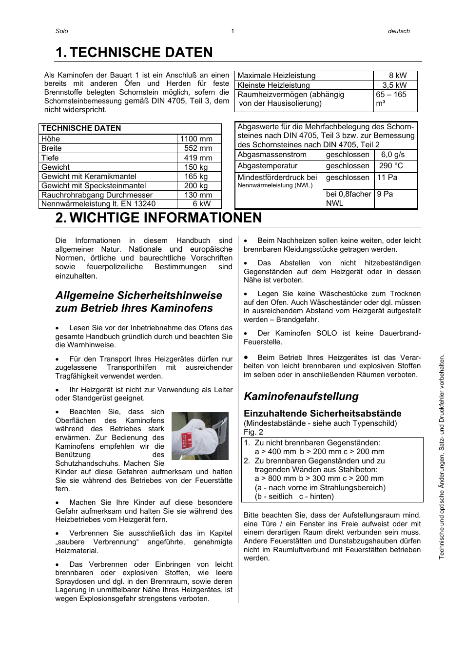 Technische daten, Wichtige informationen, Kaminofenaufstellung | Austroflamm Solo User Manual | Page 3 / 16