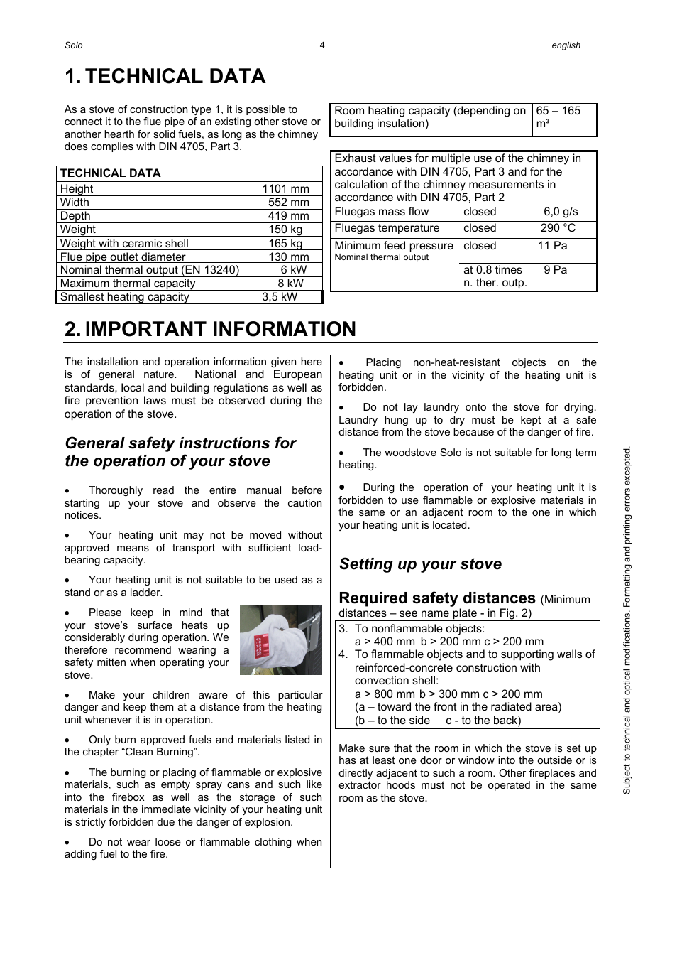 Technical data, Important information, Setting up your stove | Required safety distances | Austroflamm Solo User Manual | Page 6 / 16