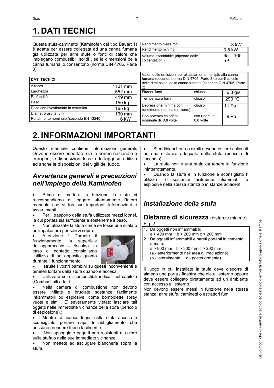 Dati tecnici, Informazioni importanti, Installazione della stufa | Distanze di sicurezza | Austroflamm Solo User Manual | Page 9 / 16