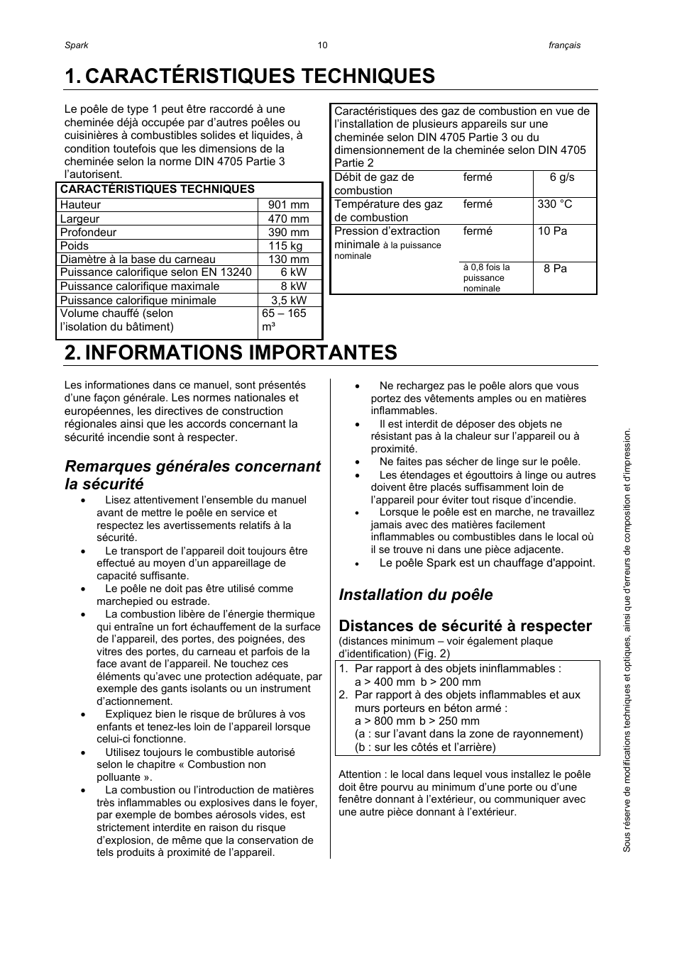 Caractéristiques techniques, Informations importantes, Remarques générales concernant la sécurité | Installation du poêle, Distances de sécurité à respecter | Austroflamm Spark User Manual | Page 12 / 16