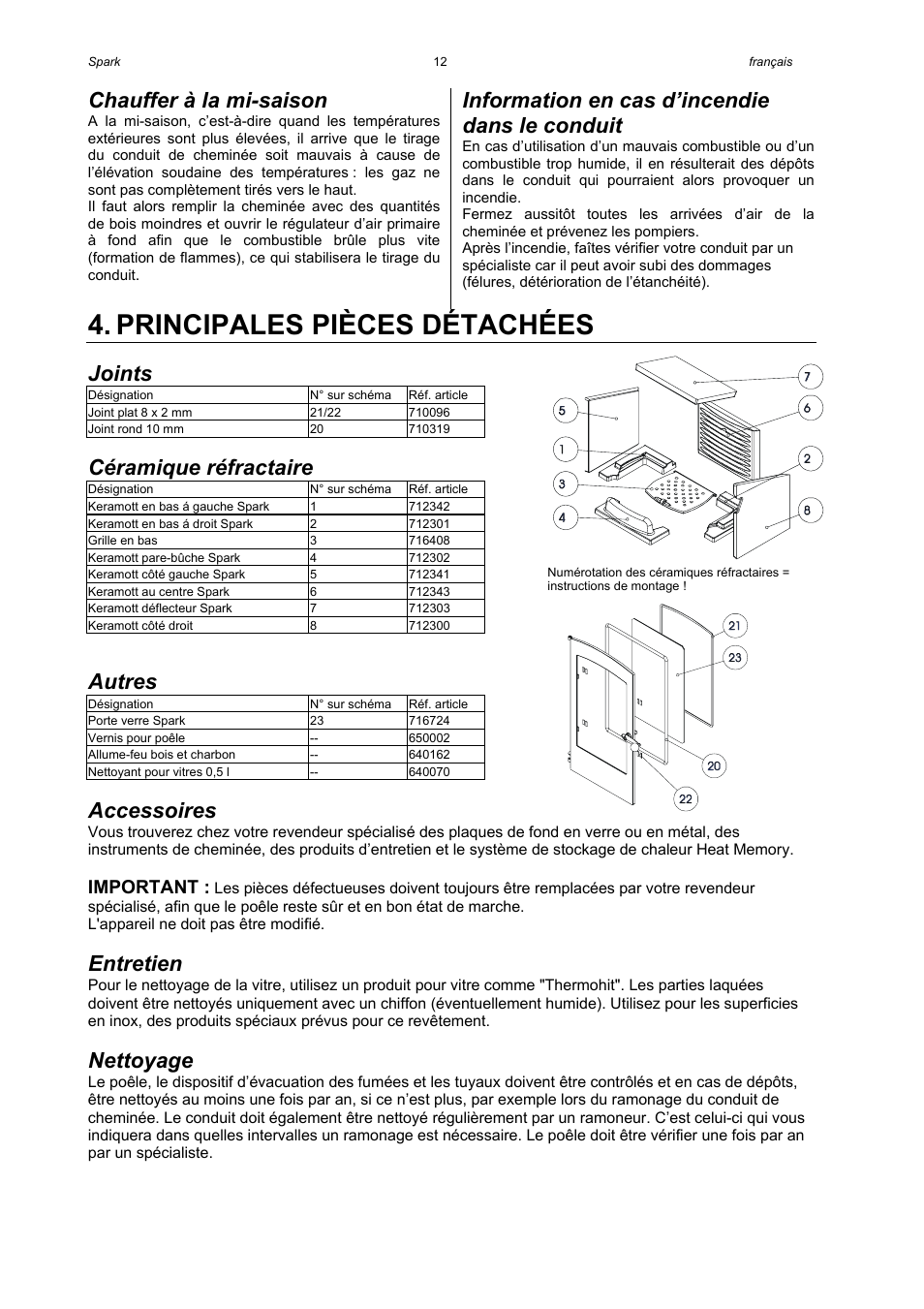 Principales pièces détachées, Chauffer à la mi-saison, Information en cas d’incendie dans le conduit | Joints, Céramique réfractaire, Autres, Accessoires, Entretien, Nettoyage, Important | Austroflamm Spark User Manual | Page 14 / 16