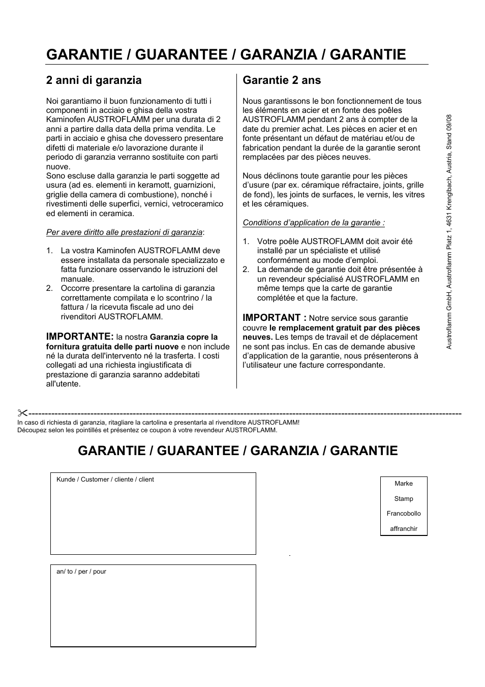 Garantie / guarantee / garanzia / garantie, 2 anni di garanzia, Garantie 2 ans | Importante, Important | Austroflamm Spark User Manual | Page 16 / 16