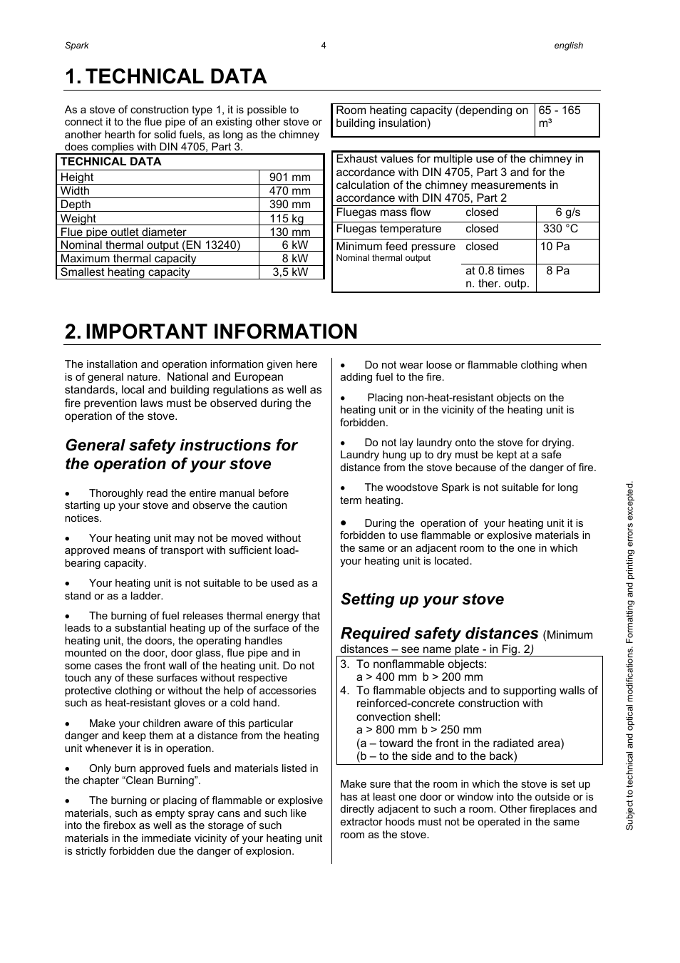Technical data, Important information, Setting up your stove | Required safety distances | Austroflamm Spark User Manual | Page 6 / 16