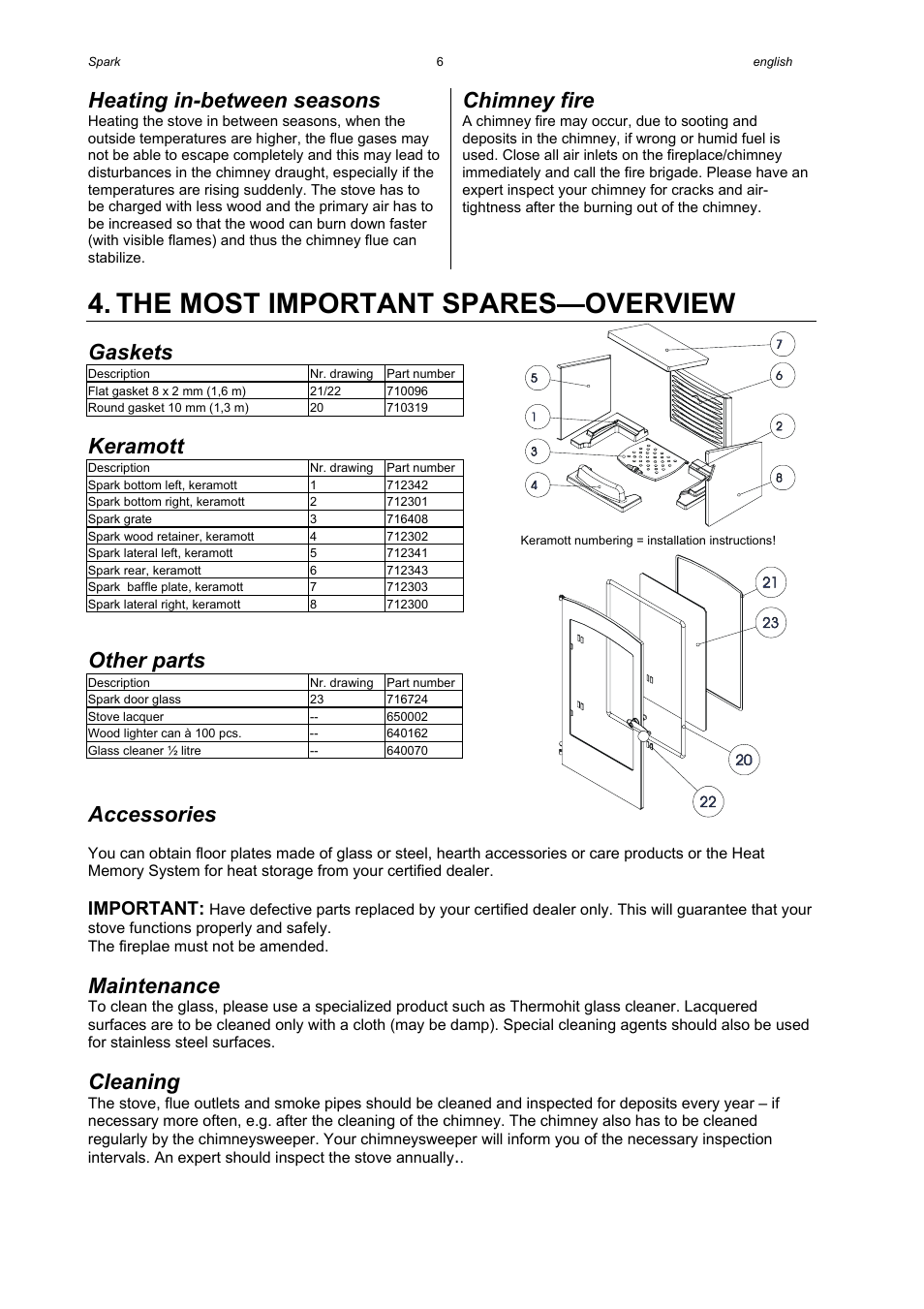 The most important spares—overview, Heating in-between seasons, Chimney fire | Gaskets, Keramott, Other parts, Accessories, Maintenance, Cleaning, Important | Austroflamm Spark User Manual | Page 8 / 16
