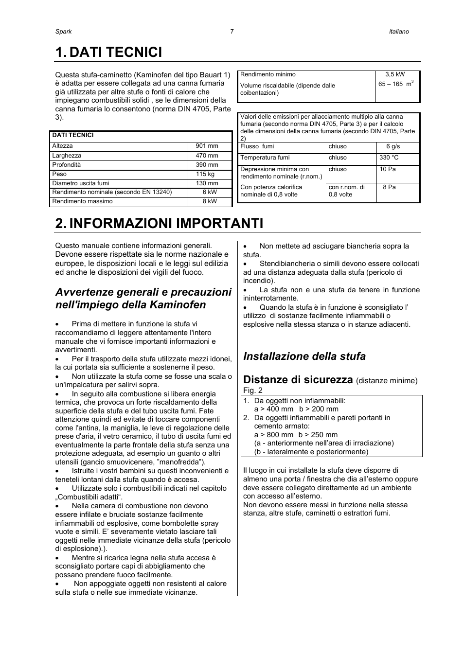 Dati tecnici, Informazioni importanti, Installazione della stufa | Distanze di sicurezza | Austroflamm Spark User Manual | Page 9 / 16