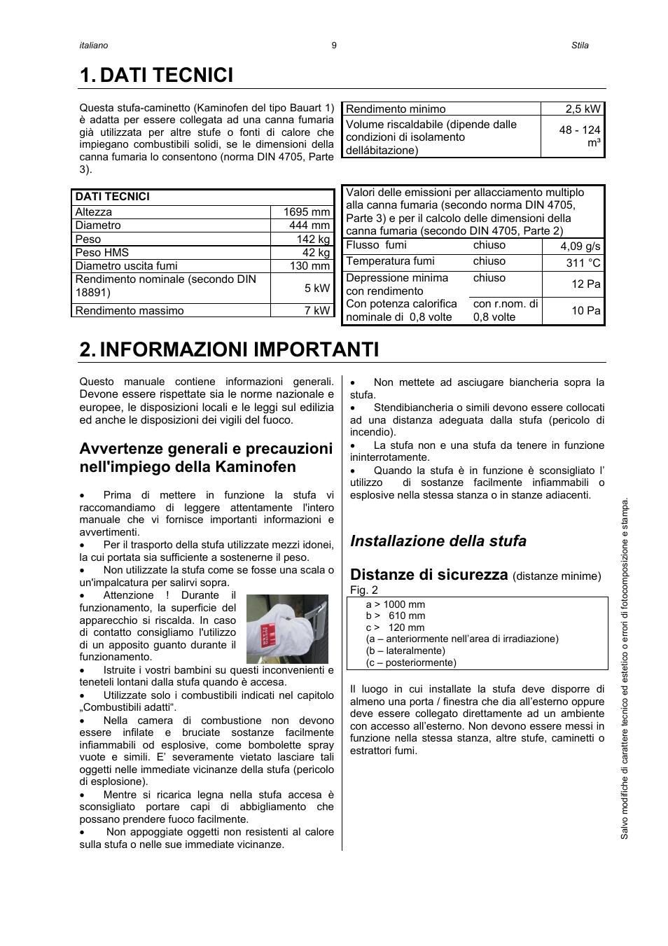 Dati tecnici, Informazioni importanti, Installazione della stufa | Distanze di sicurezza | Austroflamm Stila User Manual | Page 11 / 20