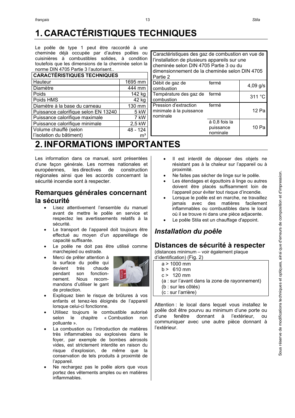 Caractéristiques techniques, Informations importantes, Remarques générales concernant la sécurité | Installation du poêle, Distances de sécurité à respecter | Austroflamm Stila User Manual | Page 15 / 20