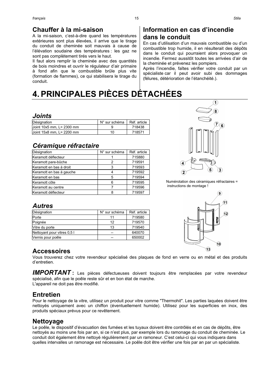 Principales pièces détachées, Chauffer à la mi-saison, Information en cas d’incendie dans le conduit | Joints, Céramique réfractaire, Autres, Accessoires, Important, Entretien, Nettoyage | Austroflamm Stila User Manual | Page 17 / 20