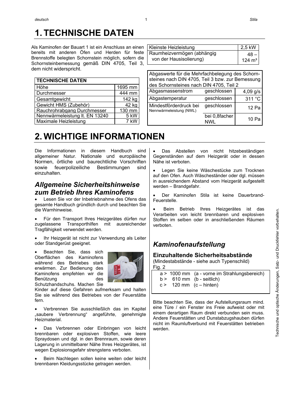 Technische daten, Wichtige informationen, Kaminofenaufstellung | Austroflamm Stila User Manual | Page 3 / 20