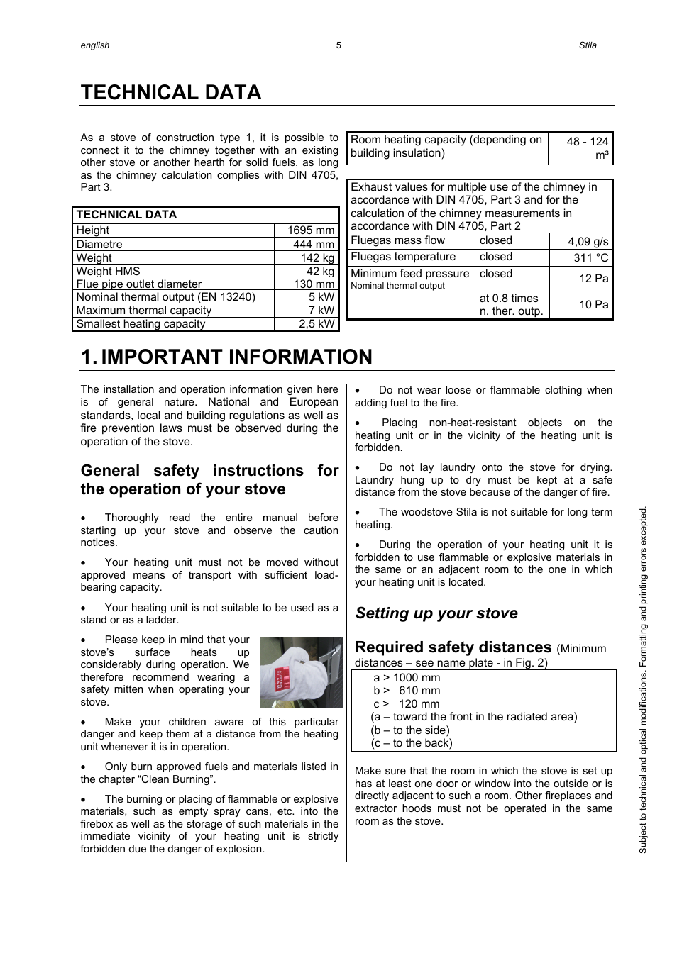 Technical data, Important information, Setting up your stove | Required safety distances | Austroflamm Stila User Manual | Page 7 / 20