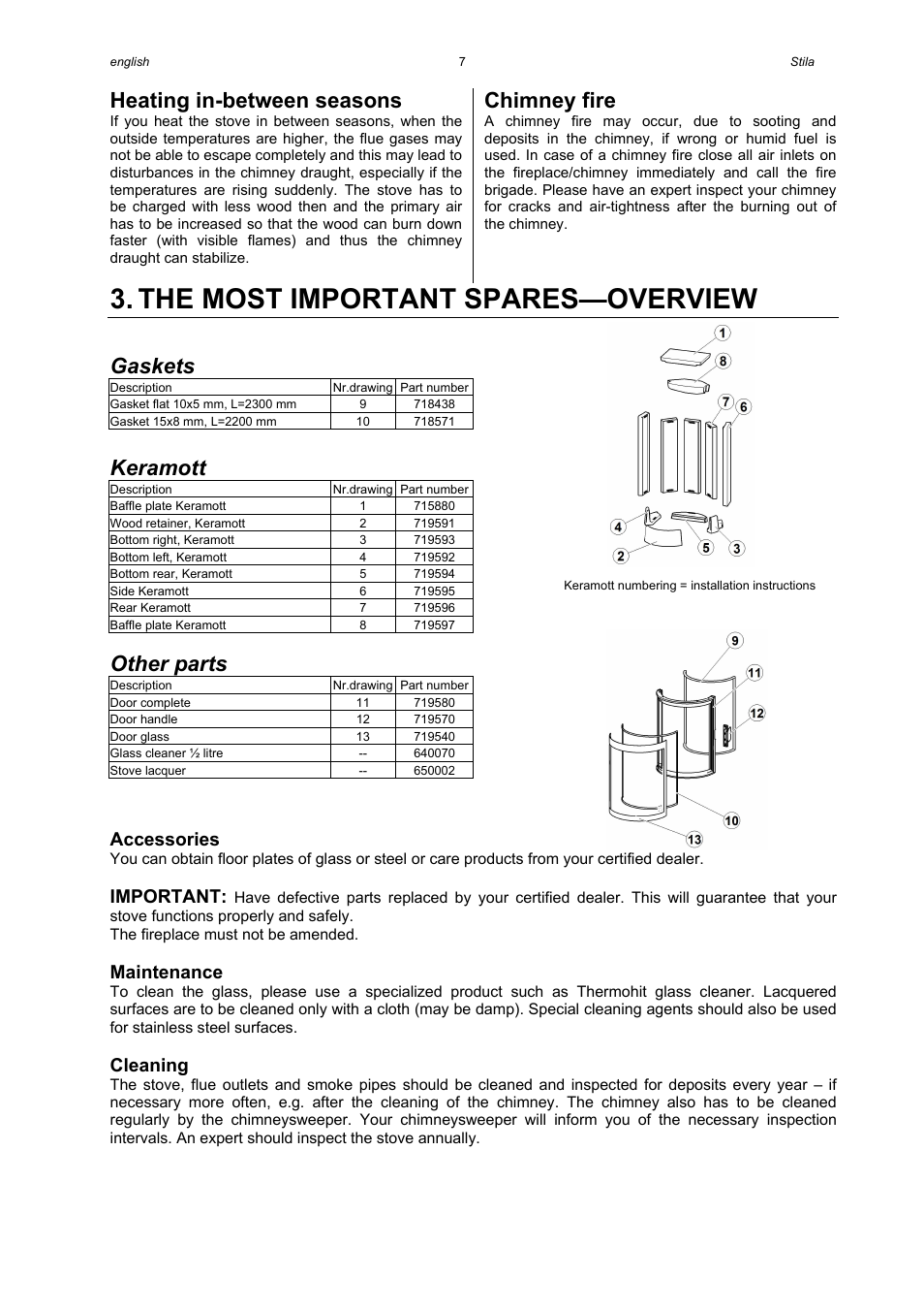 The most important spares—overview, Heating in-between seasons, Chimney fire | Gaskets, Keramott, Other parts, Accessories, Important, Maintenance, Cleaning | Austroflamm Stila User Manual | Page 9 / 20